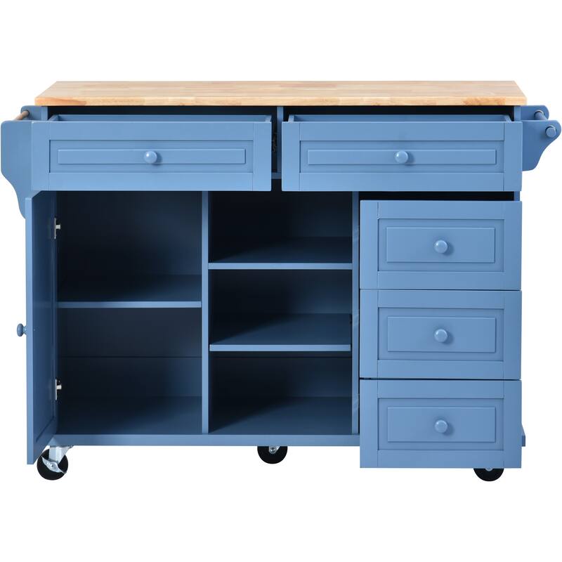 Rolling Kitchen Island Cart with Rubber Wood Top, 5 Drawers, Storage Cabinet & Adjustable Shelves - 53" Black