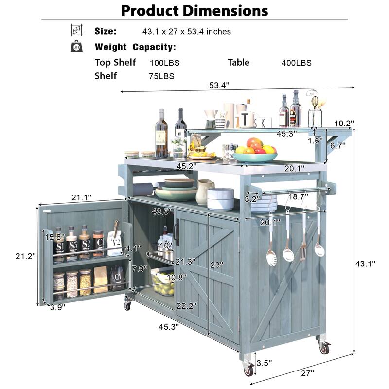 53.3" Outdoor Kitchen Island with Raised Shelf,Solid Wood Storage Cabinet with Stainless Steel Top(NO CHAIR) - N/A