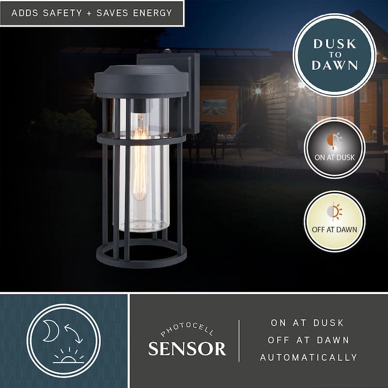 VAXCEL Crestline 14 in. H 1-Light Black Dusk to Dawn Sensor Outdoor Wall Sconce, Rust-Resistant Aluminum, Clear Glass Shade