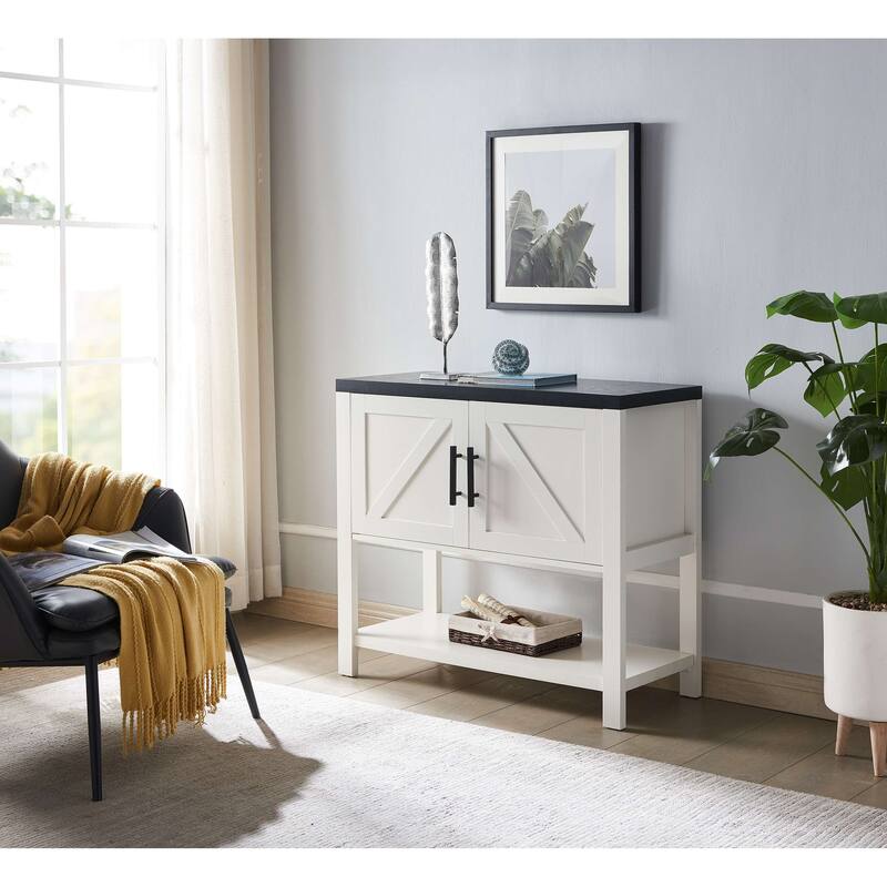 2-Door Modern Console Table, Buffet Storage Cabinet, Black/White - White - Wood