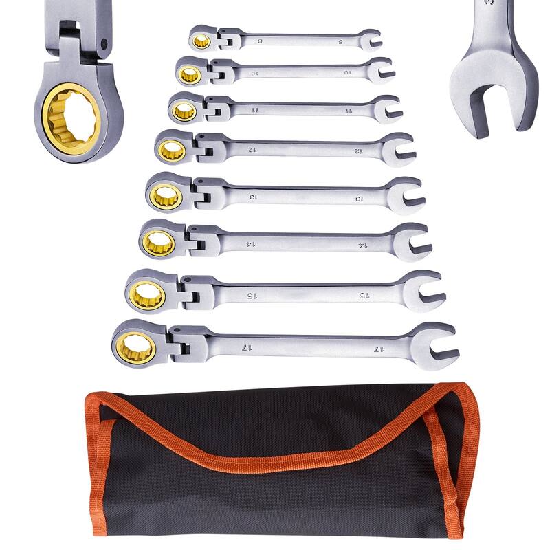 8 Pieces Antique Bronze Steel Flex Head Ratchet Wrench Set with 72 Tooth Adjustable and Bag - 10.2 x 2.8 x 2.2 in