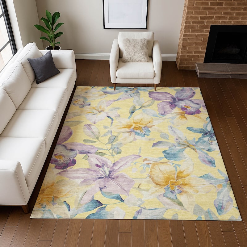 Machine Washable Indoor/ Outdoor Modern Floral Chantille Rug