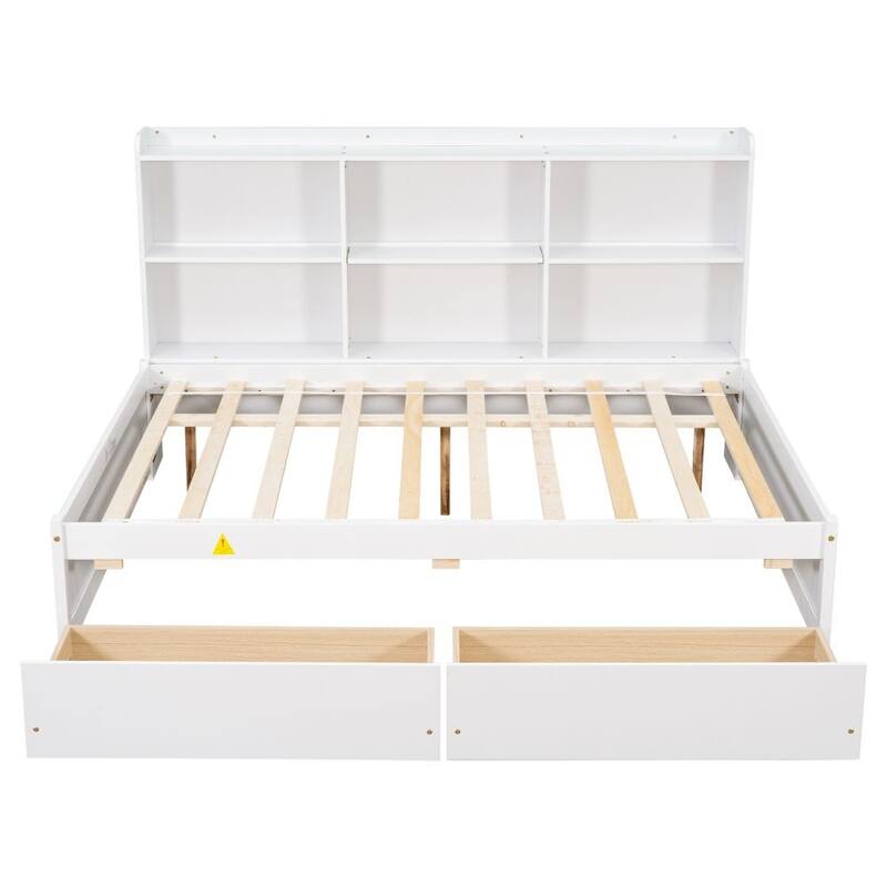 Full Bed with Side Bookcase, Drawers,White