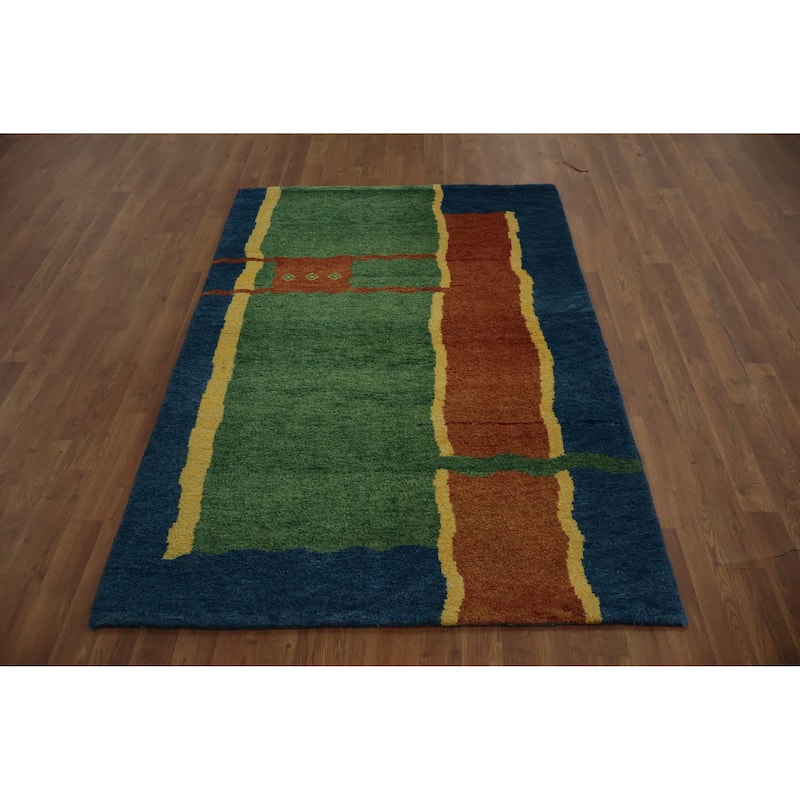 Hand Knotted Oriental 100% Wool Carpet Modern Geometric Green Gabbeh Area Rug - 5' 11'' X 4' 2''
