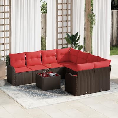 vidaXL 9 Garden Sofa Set with Cushions Black/Brown/Grey Poly Rattan - 91.5 x 92.1 x 27.2