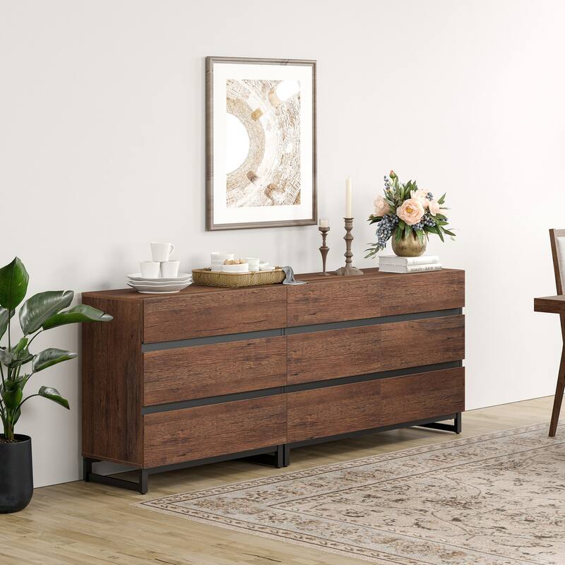 WAMPAT 3 in 1 Dresser with Glass Doors and 7 Drawers, Modern Chest of Drawers with Adjustable Shelf for Bedroom - Brown - 7-drawer