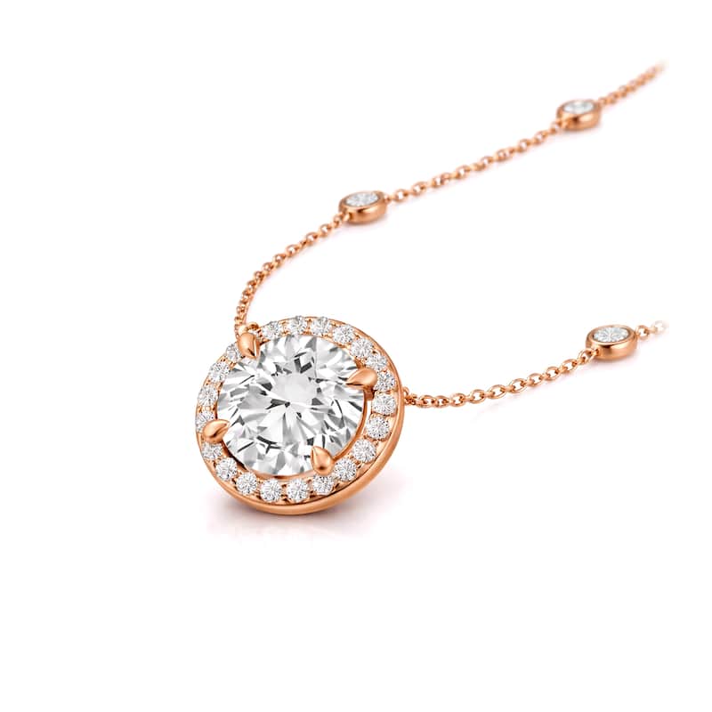 Auriya 14K Gold Lab Grown Round Diamond Halo Pendant with Bezel Necklace 1.00 to 5.00 ct. tw. (F-G VS)