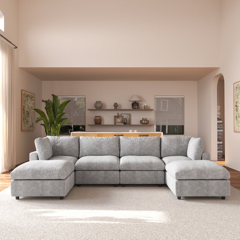 Modern Cloud Sectional Couches for Living Room Set, Chenille U-shaped Sofa Couch - Grey-4 seats+ 2 ottoman