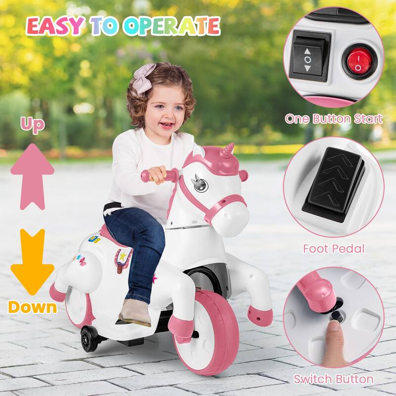 Gymax 12V Kids Ride on Unicorn Toy w/ Training Wheels Music One-button