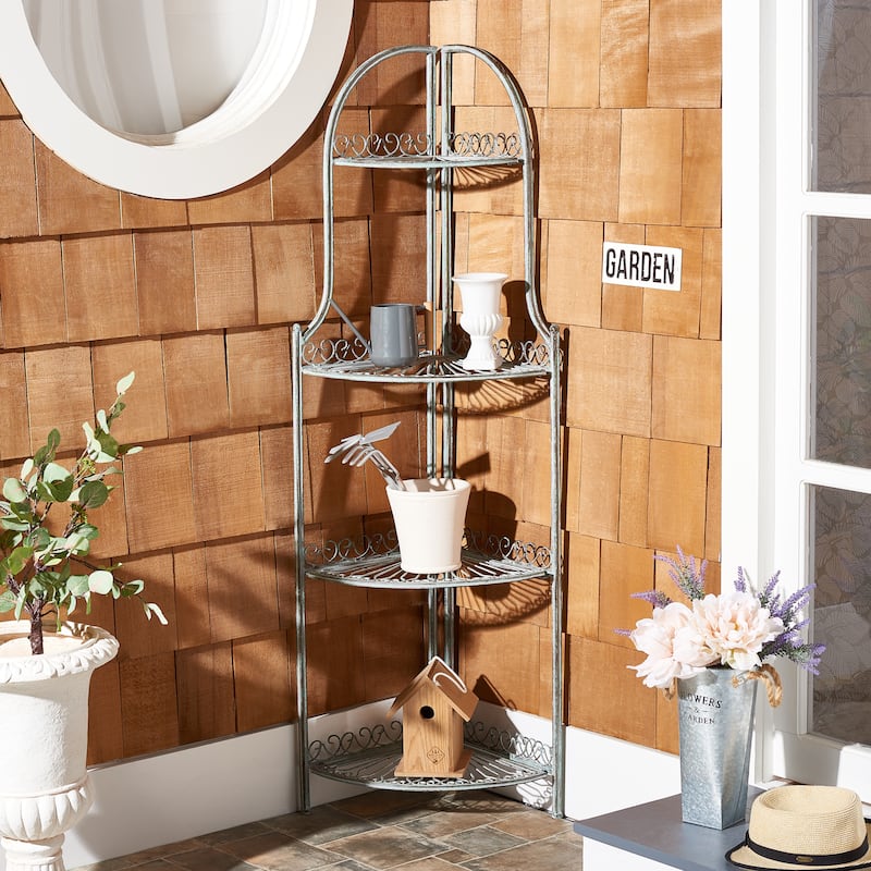 SAFAVIEH Shyla Victorian Wrought Iron 4-Tier Outdoor Corner Shelf - 14 In. W x 14 In. D x 60 In. H - 14Wx14Dx60H - Antique Dark Green