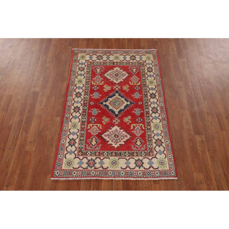 Geometric Kazak Accent Rug Handmade Red Wool Carpet - 3'4" x 5'0"