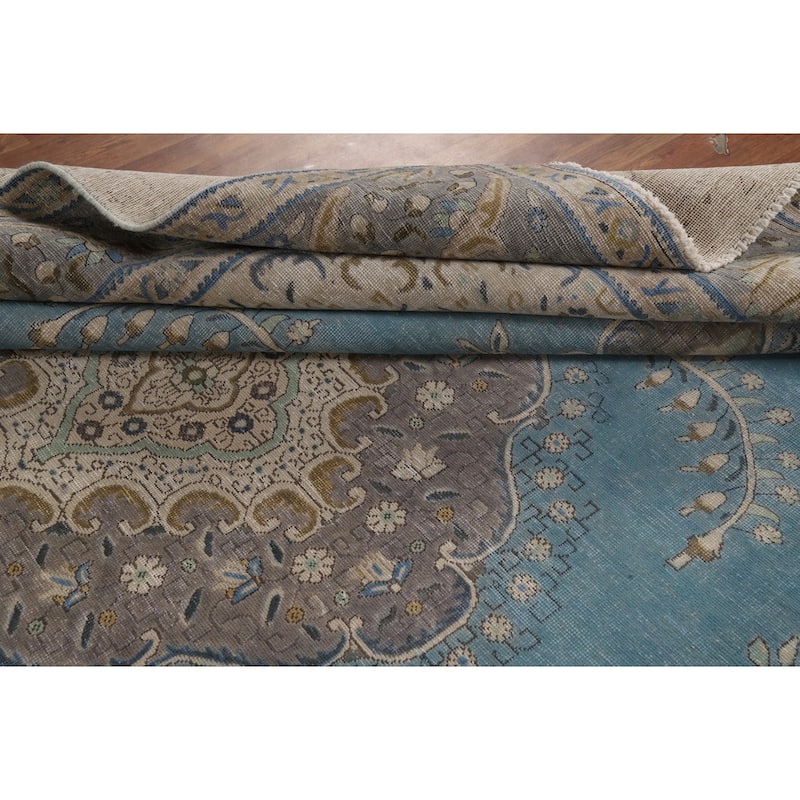 Light Blue Medallion Tabriz Persian Area Rug Hand-Knotted Wool Carpet - 9'10"x 12'10"