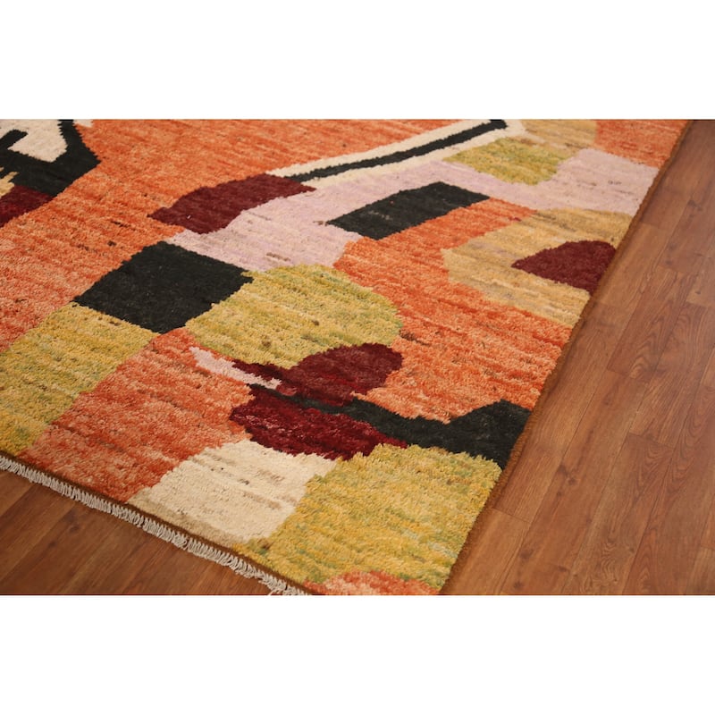 Geometric Moroccan Oriental Area Rug Orange Hand-Knotted Wool Carpet - 7'1" x 9'8"
