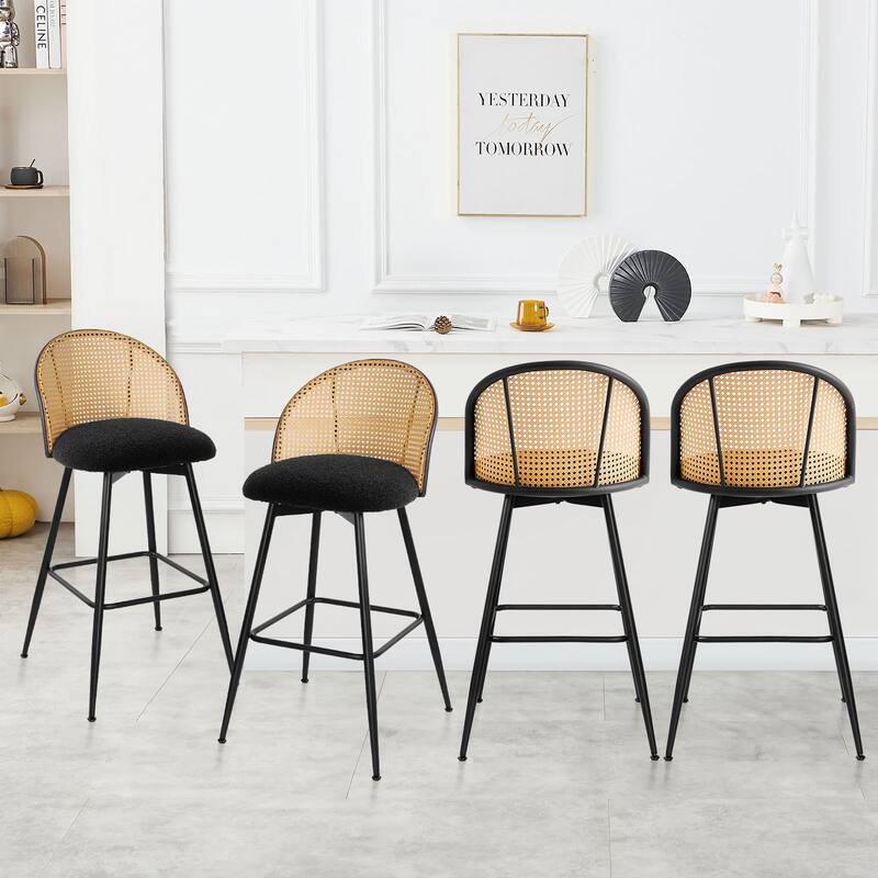 Upholstered Swivel Counter/ Bar Stools with Rattan Back - Set of 4 - Fabric-Black - Bar Height