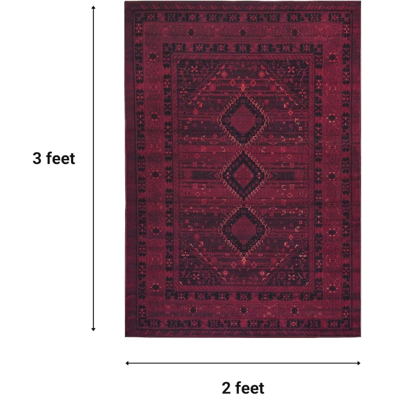 Machine Washable Area Rug-Olympus Turkoman Oriental Bokhara Burgundy