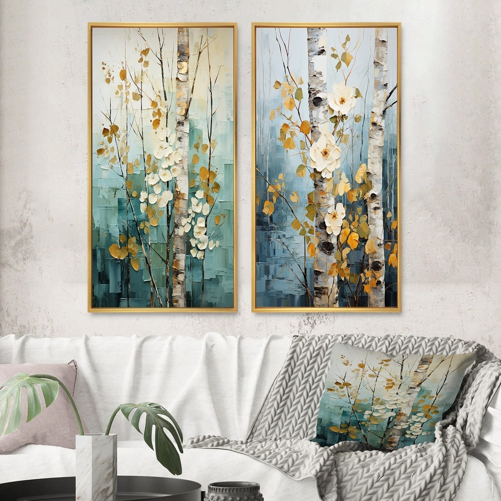 Designart "Birch Woods Whispering Winds IV" Tree Birch Framed Wall Art Set Of 2 - Blue Canvas Set For Living Room Decor