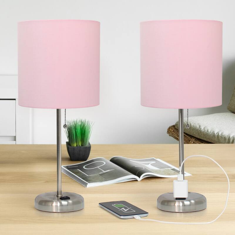 Stick Table Lamps with Drum Shade - 19.5" - Silver and Pink - Set of 2