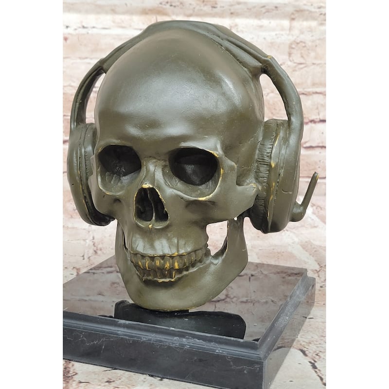 Skull With Headphones Bronze Sculpture - Modern Gothic Music Art