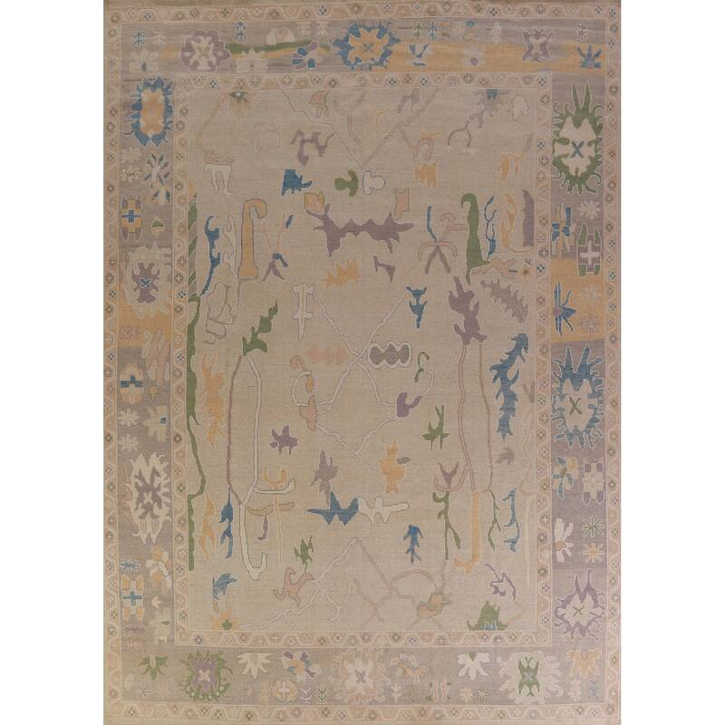 Hand Knotted Oriental 100% Wool Carpet Transitional All-Over Beige & Ivories Oushak Area Rug - 12' 3'' X 9' 4''