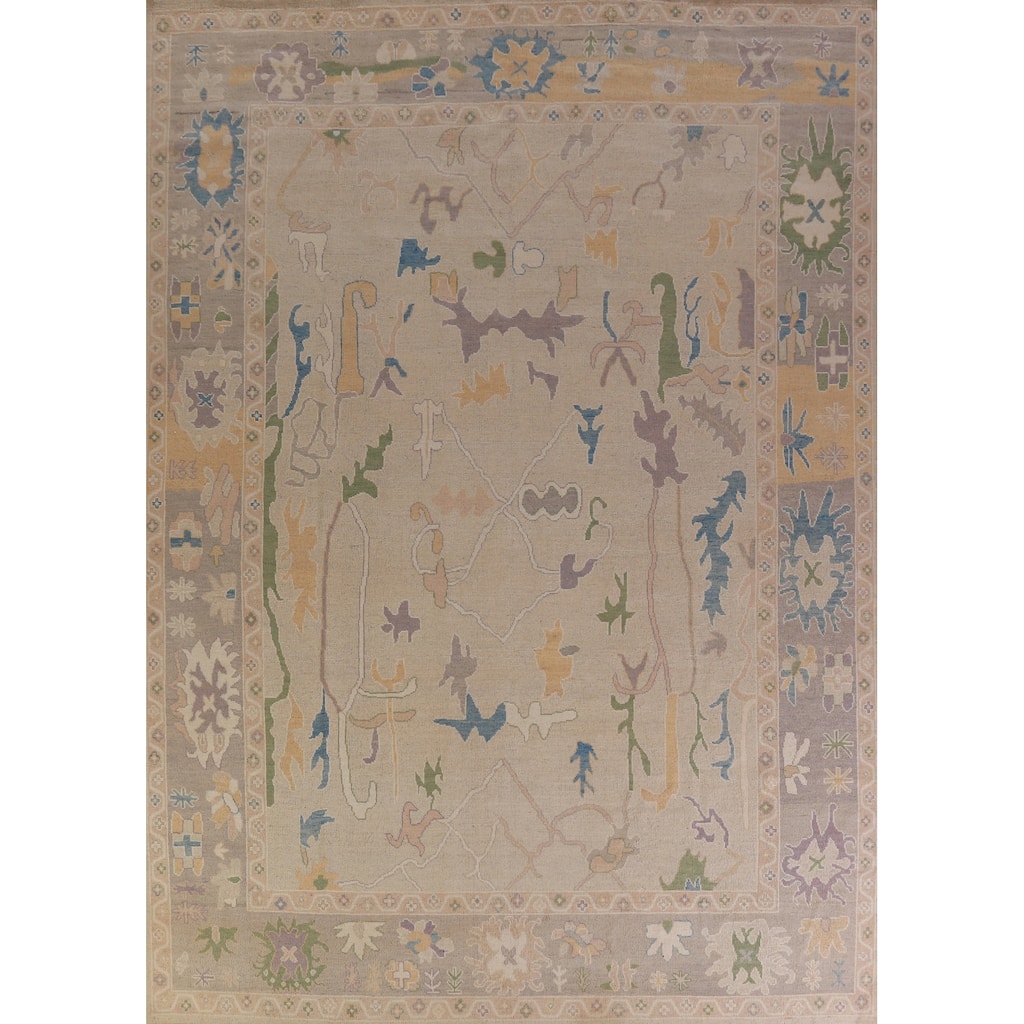Hand Knotted Oriental 100% Wool Carpet Transitional All-Over Beige & Ivories Oushak Area Rug - 12' 3'' X 9' 4''