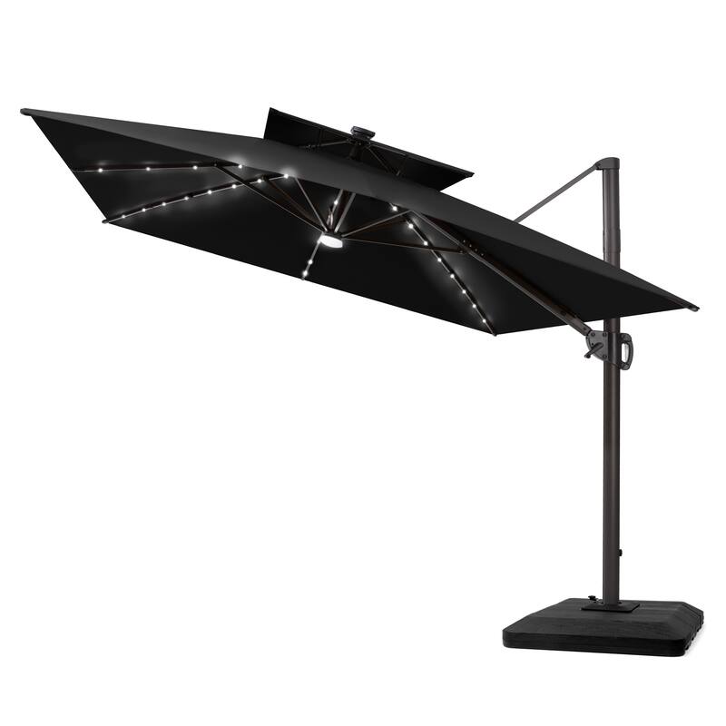 12 x 9 FT Outdoor Patio Aluminum Cantilever Umbrella with Solar Lights Double Canopy with Base