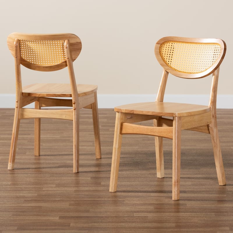 Nenet Mid-Century Modern Oak Brown Finished Wood and Rattan 2-Piece Dining Chair Set