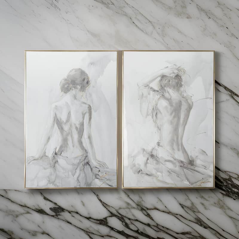 Tia 33 x 49 Hanging Wall Art Portrait Set of 2, Gray Feminine Figure Sketch