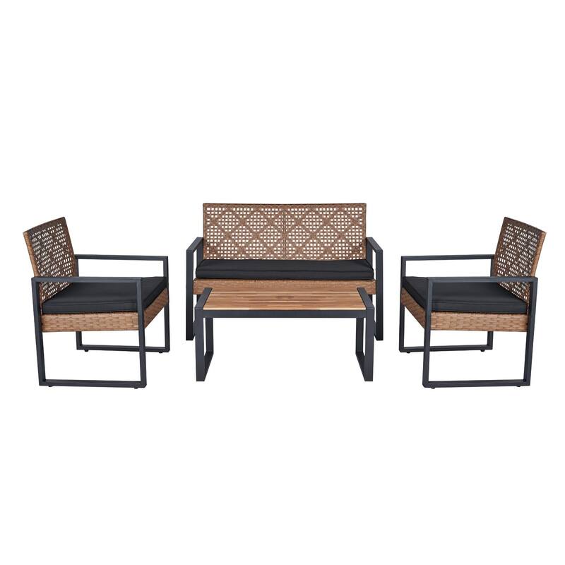 GDFStudio - Outdoor 4-Piece Acacia Wood and PE Rattan Patio Furniture Set with Cushions