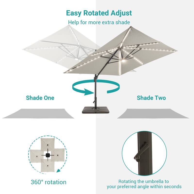 BONOSUKI 10x10FT LED Cantilever Patio Umbrella Angle Adjustment w/Base
