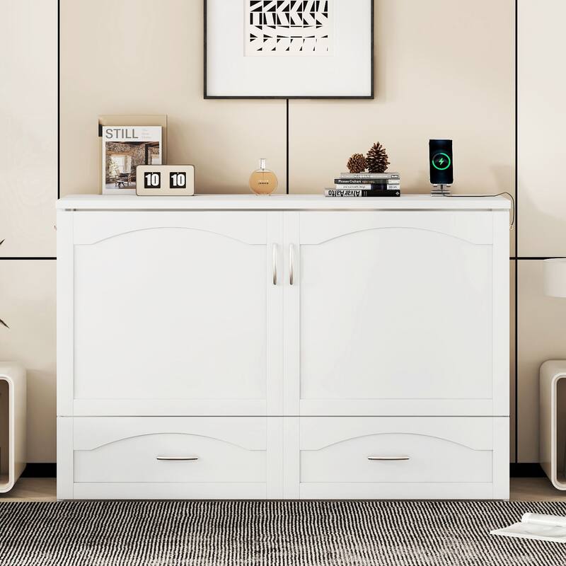 Queen/Full Size Murphy Bed with drawer and a set of Sockets & USB Ports - White - Queen