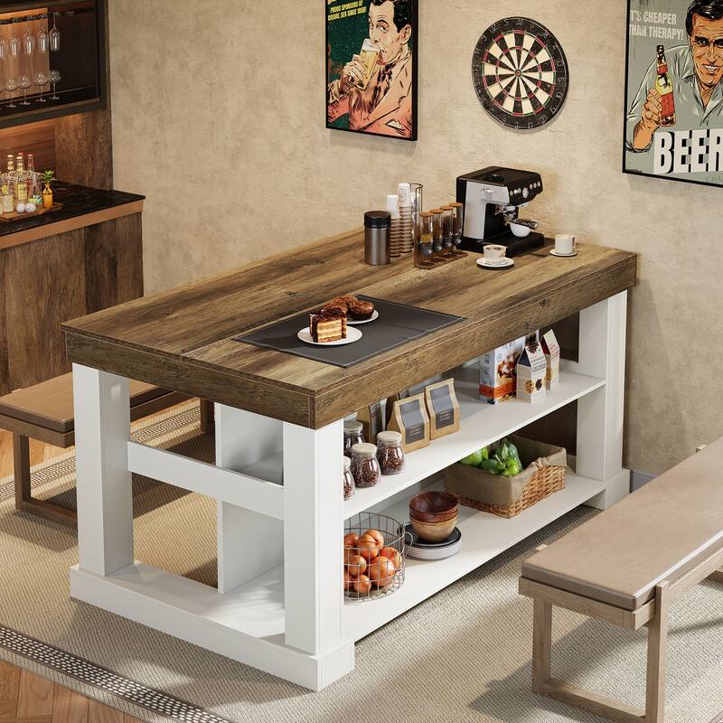 59 Inch Stationary Kitchen Island with Seating and Shelves, Farmhouse Style - 31.5" D x 55.12" W x 35.43" H