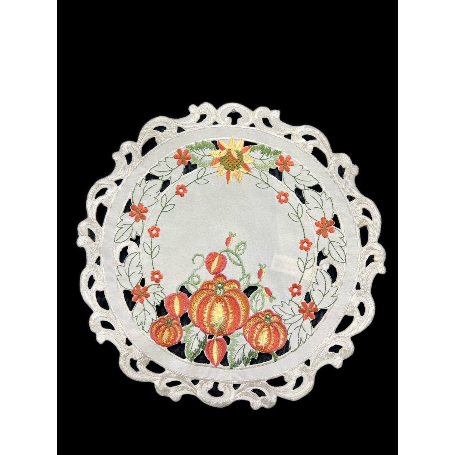 Pumpkin Embroidered Cutwork Round Placemat, 12-Inch diameter