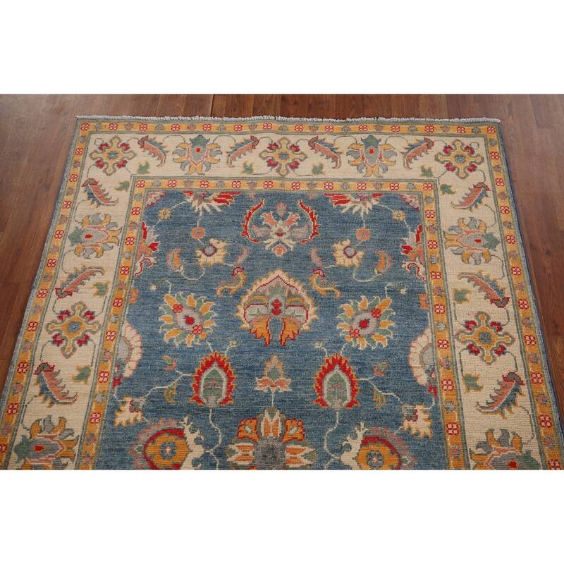 Blue Floral Oushak Oriental Area Rug Hand-Knotted Wool Carpet - 4'1" x 6'4"