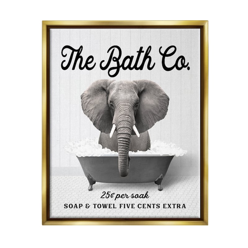 Stupell Vintage Bathtub Elephant Framed Floater Canvas Wall Art Design by Lettered and Lined - 25 x 31 - Gold