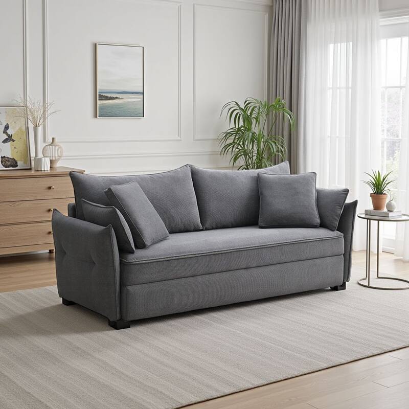 Leif Sofa with Full Size Pull Out Sleeper, 87 Inch Wood, Gray Fabric