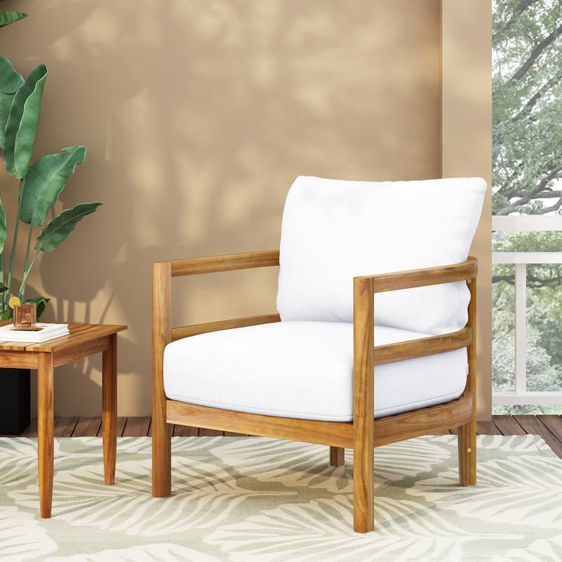 Roomfitters Outdoor Acacia Wood Patio Club Chair with Waterproof Cushions, Teak Finish, Deep Seating for Porch, Balcony, White