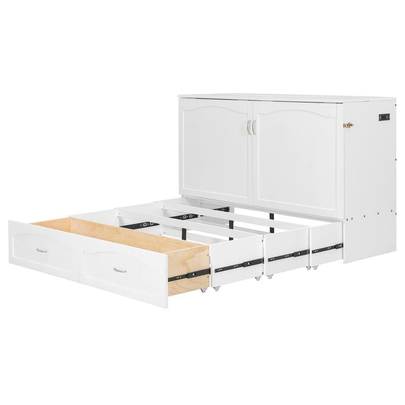 Queen Size Wall Bed with Drawers, USB Ports, and Smooth Pulley System, White