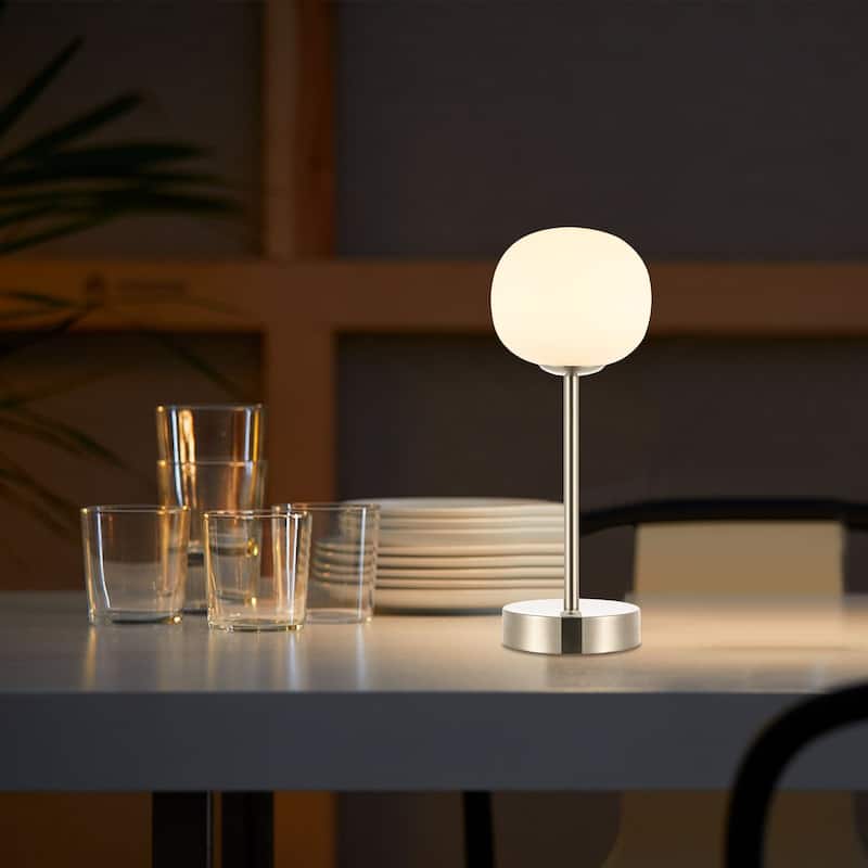 Xavier 12.25" Modern Minimalist Iron Wireless Rechargeable Integrated LED Table Lamp, Nickel/White by JONATHAN Y