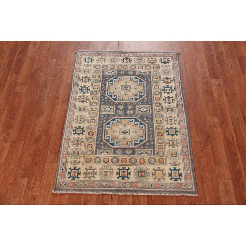Geometric Kazak Foyer Rug Hand-Knotted Grey Wool Carpet - 2'9"x 3'10"
