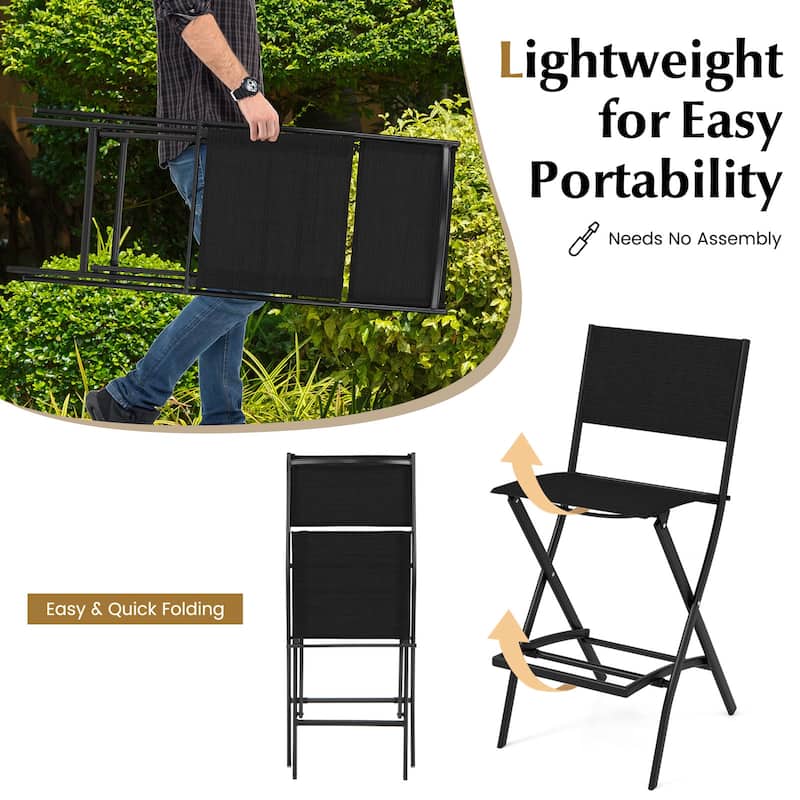 28 Inch Set of 2 Folding Bar Stools with Metal Frame and Footrest for Patio Balcony or Garden Use - 18" x 22.5" x 40"