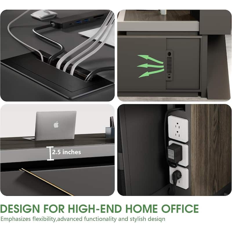 Black L Shaped Office Industrial Executive Desk with Cable Box Socket and LED Light