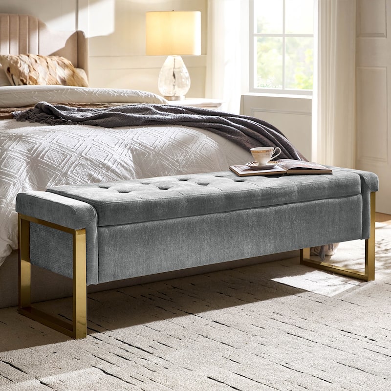 Alina Modern Upholstered Flip Top Storage Bench with Metal Legs by HULALA HOME - Grey