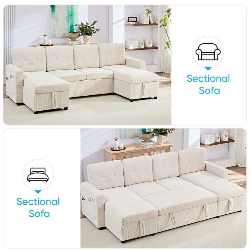 W103" Corduroy 4-Seater Modular Sleeper Sofa Bed with Storage Chaise,U-shaped Sofa with Pull-out Bed