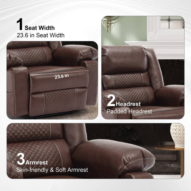 Breathable Leather Manual Recliner for Adults, Modern Living Room Single Recliner Sofa with Massage & Heat and Side Pocket