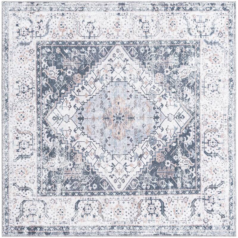 Traditional Tira Collection Area Rug - 5' Square - Linen-Charcoal