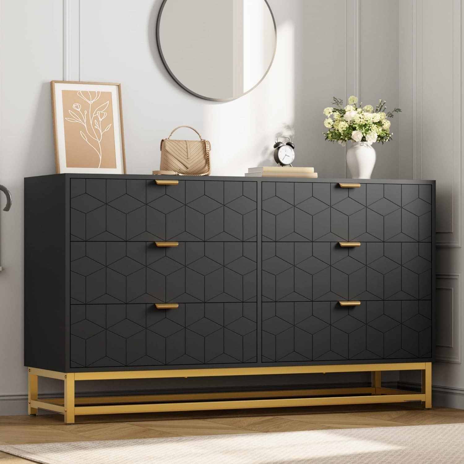 53.5 Inch 6-Drawer Modern Dresser, Wide Chest with Gold Metal Legs & Handles, Storage for Bedroom, Living Room, Hallway, Black