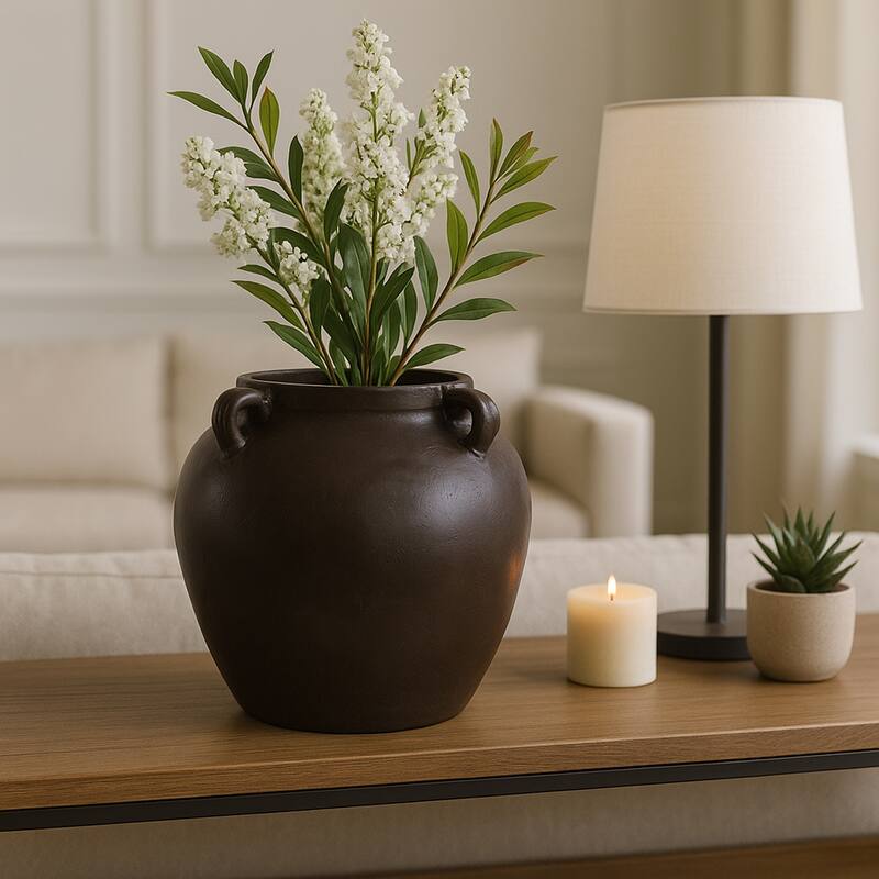 Rustic Heritage Table Vase with Textured Finish and Handles - Brown