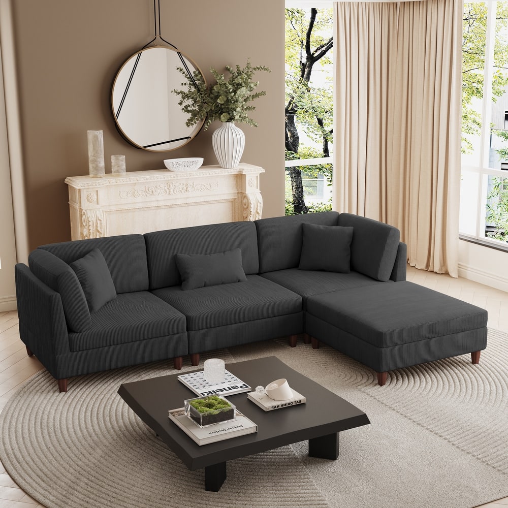 Corduroy Convertible Couch Modular Sectional Sofa with Ottoman
