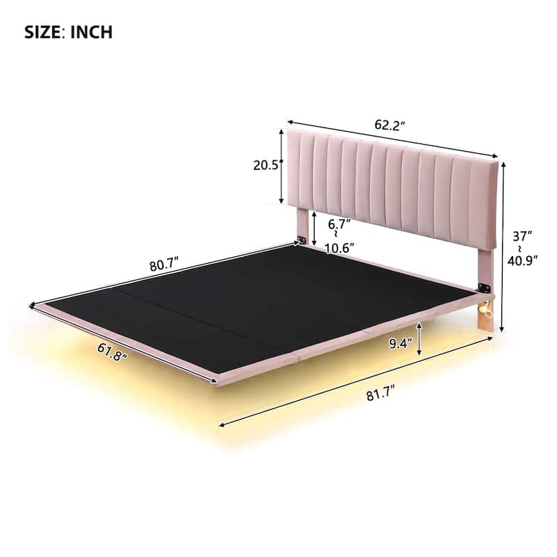 Pink Queen Velvet Upholstered Platform Bed with Sensor Light and Floating Headboard