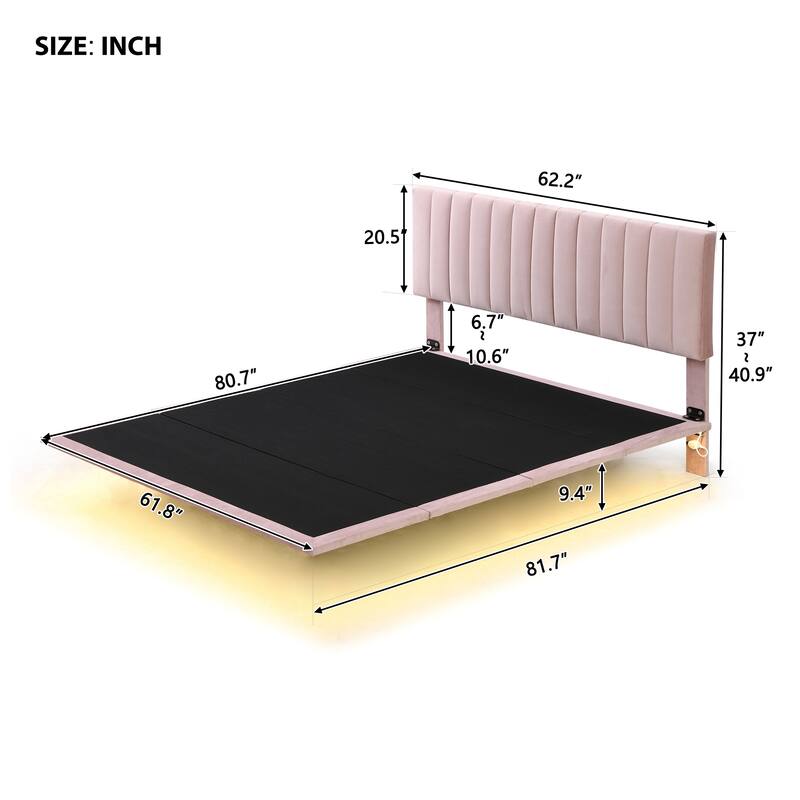 Queen Upholstered Velvet Bed with Sensor Light and Floating Frame - Modern Platform Bed with Headboard, No Box Spring Required